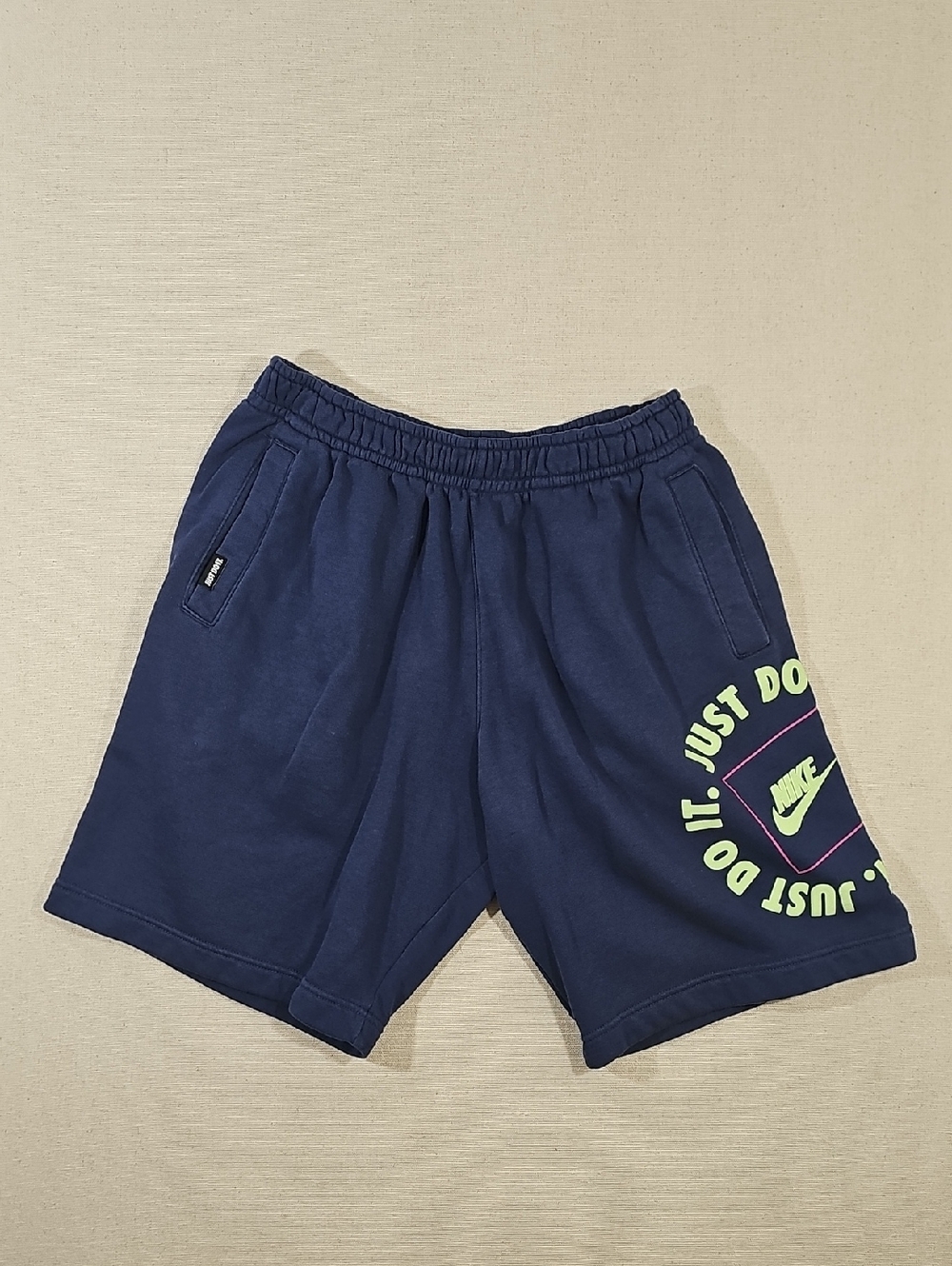 Nike Men’s Navy Athletic Shorts with Neon Green & Pink Accents Medium